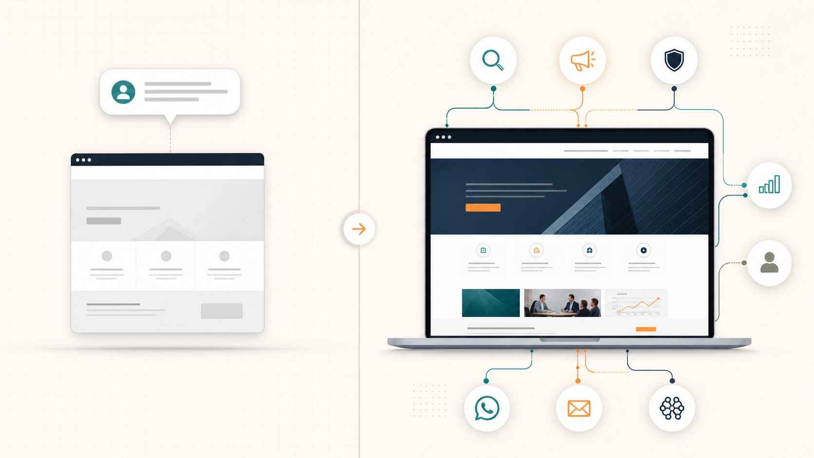 Comparação entre uma página isolada gerada por um prompt e um website corporativo conectado a busca, mídia, consentimento, analytics, CRM, WhatsApp, e-mail e inteligência artificial