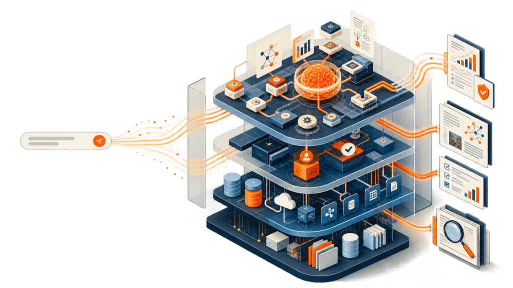 Ilustração editorial sobre avaliação de agência de IA B2B