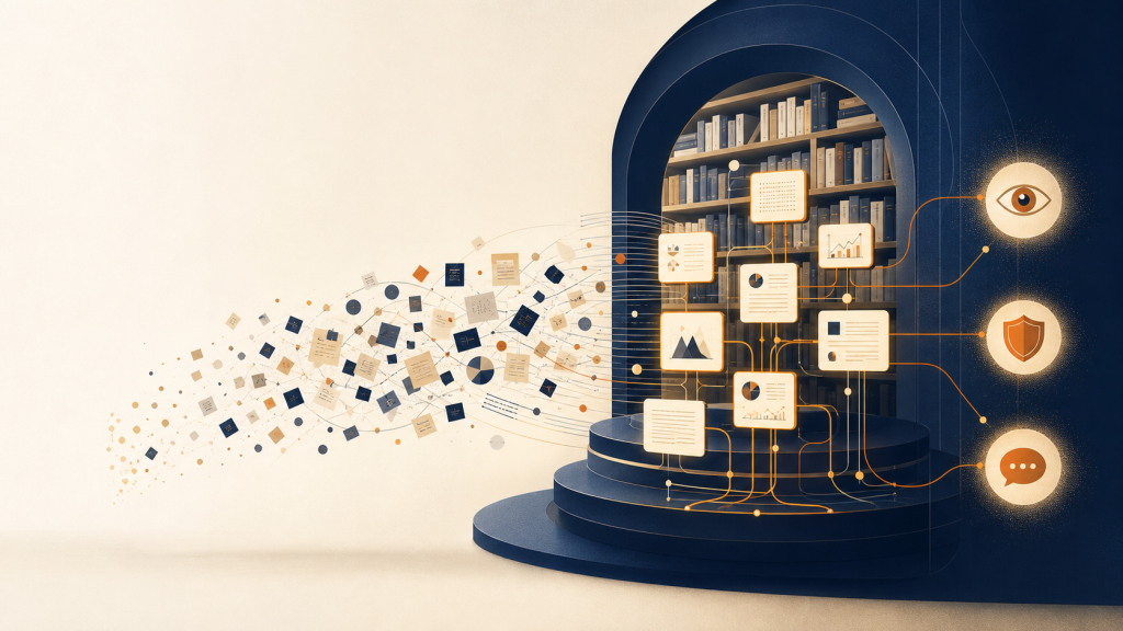 Ilustração editorial sobre conteúdo técnico e demanda B2B