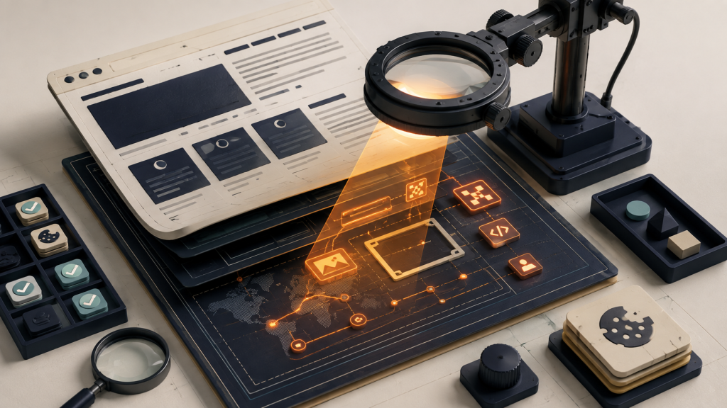 Luz de inspeção atravessa uma maquete de website e revela scripts, pixels e conexões ocultas sob suas camadas