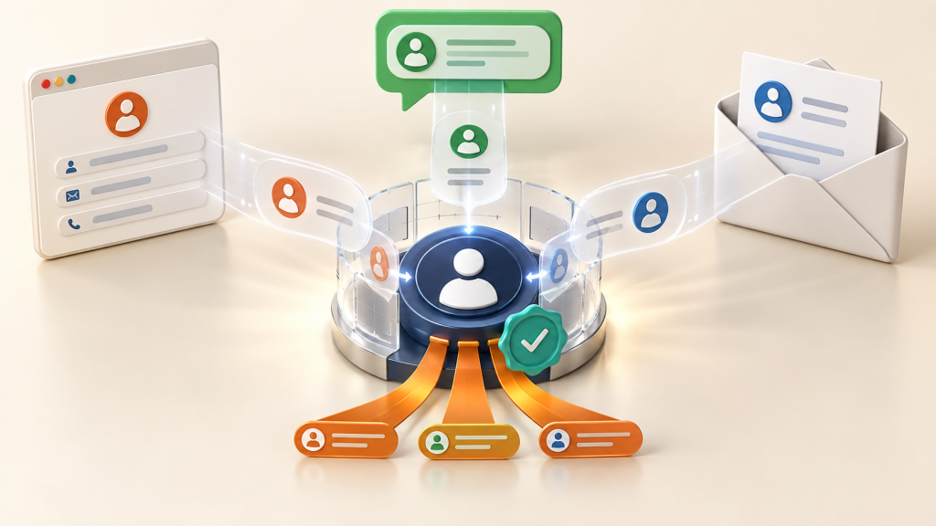 Registros de formulário, WhatsApp e e-mail convergem em uma identidade central preservando origem e consentimento