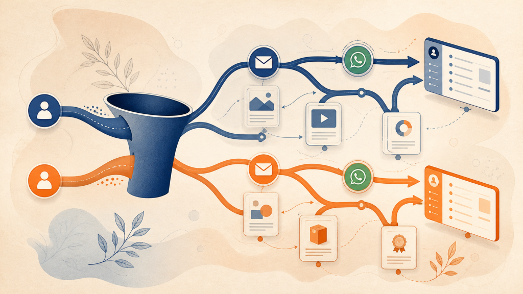Ilustração editorial sobre jornada de inbound marketing adaptativo