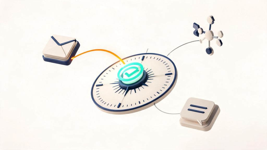 E-mail, WhatsApp e LinkedIn orbitam um seletor central de tempo, permissão e prioridade para coordenar a jornada B2B